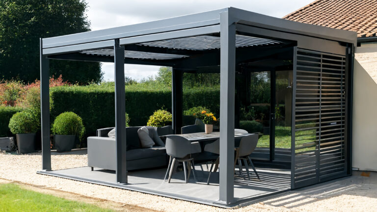 Bioclimatic gazebo by the house. architecture.